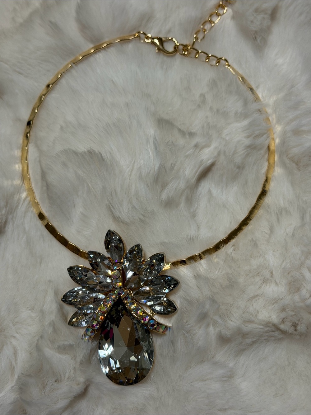 Gold Crystal Statement Necklace - Clear Crystal Floral Pendant